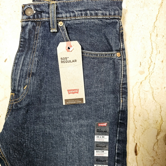 NWT Levi's Mens 505 Regular Stretch Straight Leg Dark Wash Blue Jeans 33x34 - Picture 5 of 5